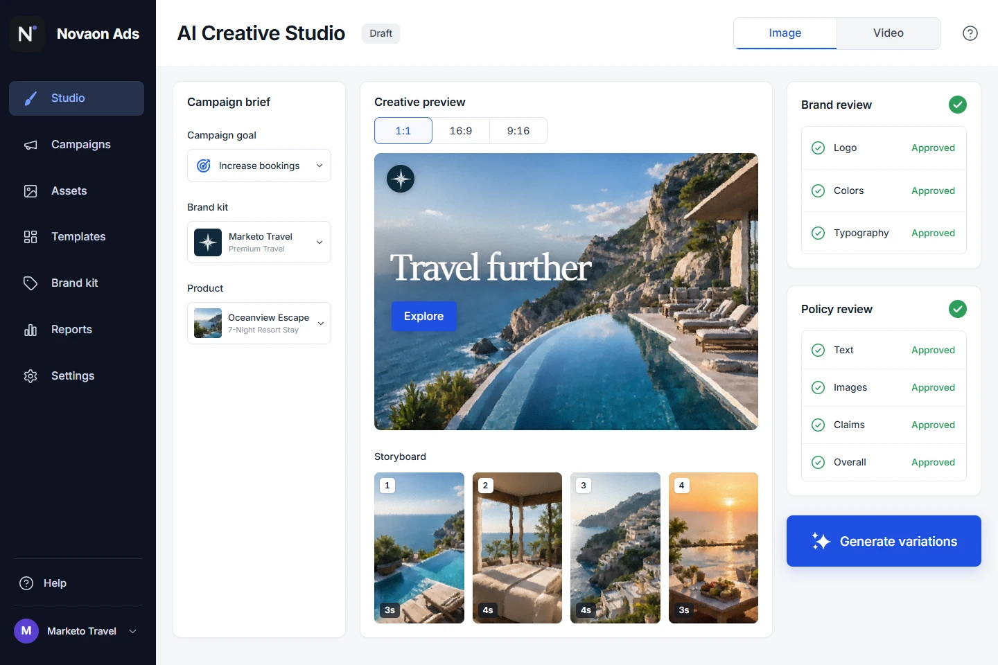 Novaon Ads AI Creative Studio showing a coherent coastal hotel campaign, image formats, video storyboard, brand review and policy review