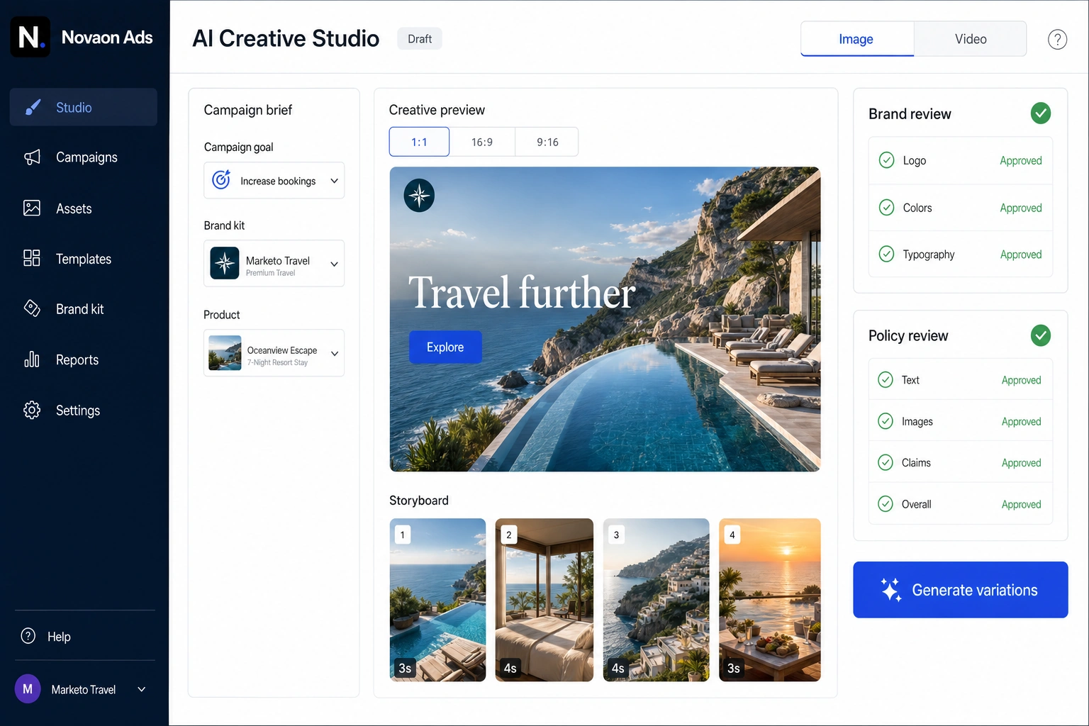Novaon Ads AI Creative Studio showing a coherent coastal hotel campaign, image formats, video storyboard, brand review and policy review