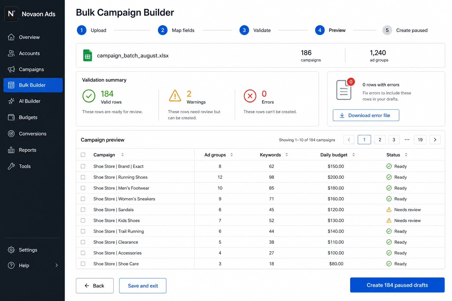 Novaon Ads bulk campaign builder with validation summary, campaign preview and paused draft creation