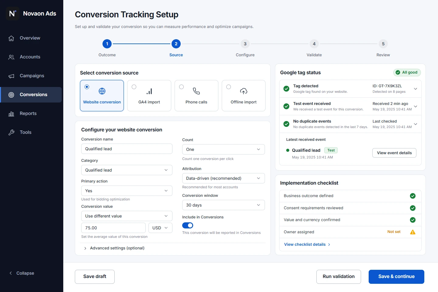 Novaon Ads guided conversion tracking setup with source, value, attribution, tag validation and checklist