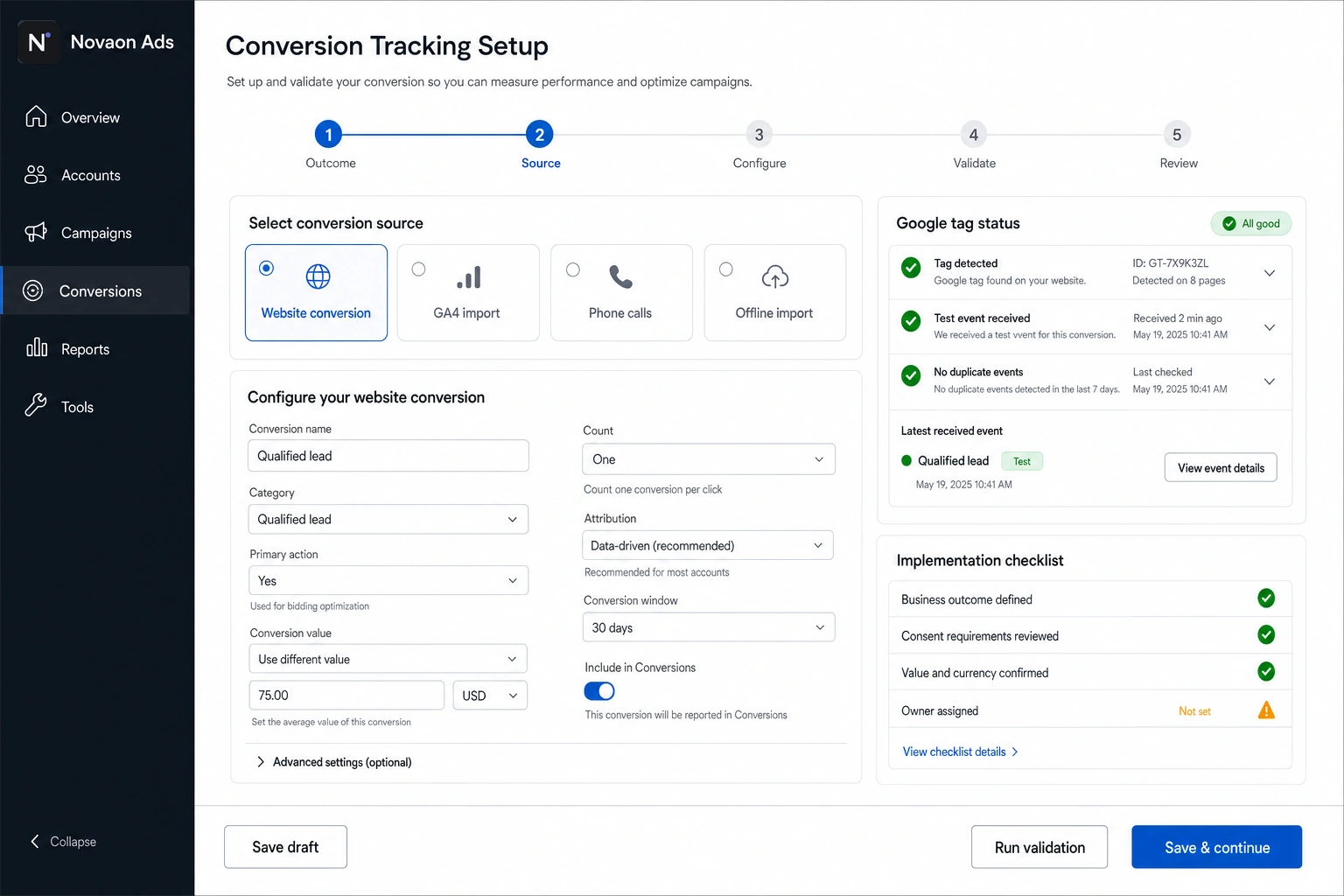 Novaon Ads guided conversion tracking setup with source, value, attribution, tag validation and checklist